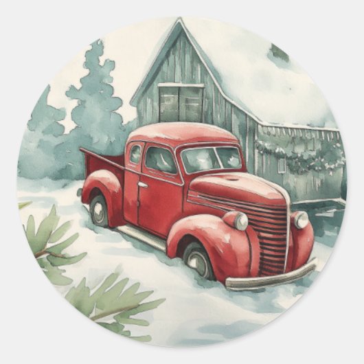 Oude Rode Vrachtwagen Kerstmis Ronde Sticker (Voorkant)