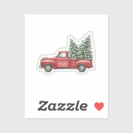 Oude rode vrachtwagen met besneeuwde kerstboom sticker