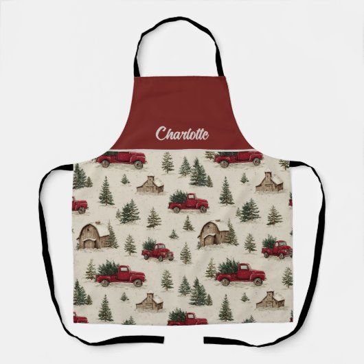 Oude rode vrachtwagen met kerstbomen schort (Voorkant)