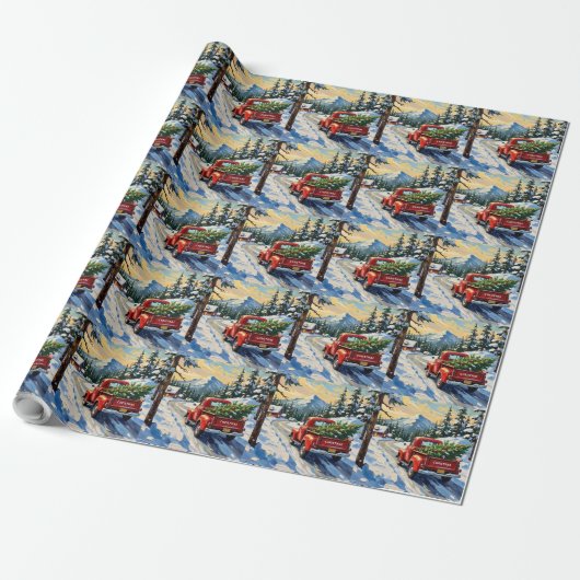 Oude rode vrachtwagen met kerstboom cadeaupapier (Uitgerold)
