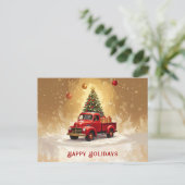 Oude rode vrachtwagen met kerstboom en cadeaus briefkaart (Staand voorkant)