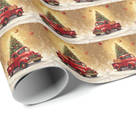 Oude rode vrachtwagen met kerstboom en cadeaus cadeaupapier