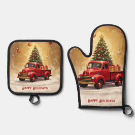 Oude rode vrachtwagen met kerstboom en cadeaus ovenwant & pannenlap set