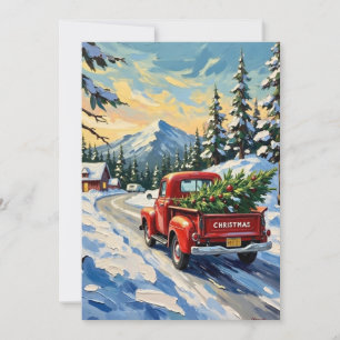Oude rode vrachtwagen met kerstboom feestdagenkaart