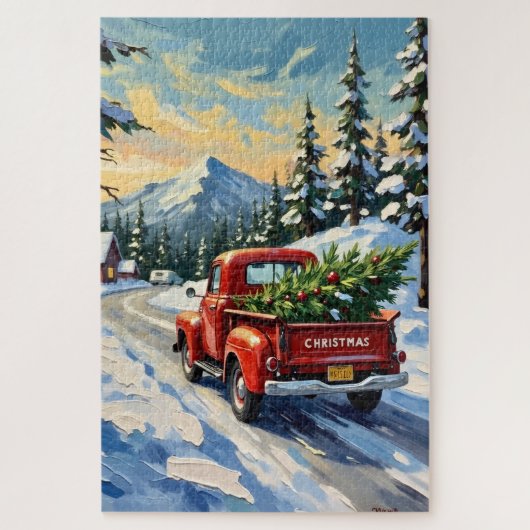 Oude rode vrachtwagen met kerstboom legpuzzel (Verticaal)