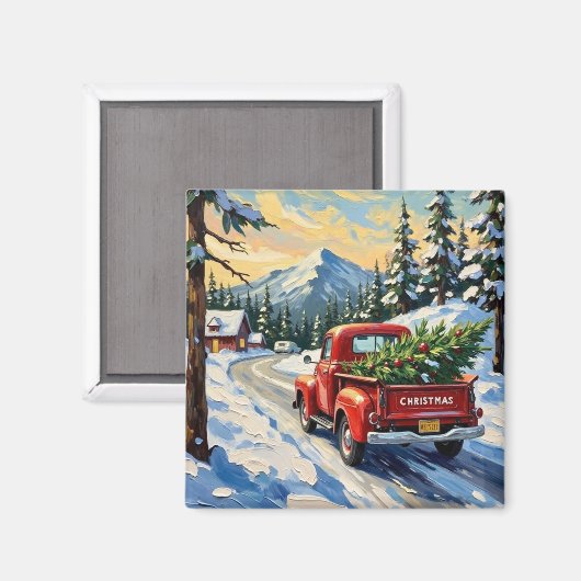 Oude rode vrachtwagen met kerstboom magneet (Voorkant / Achterkant)