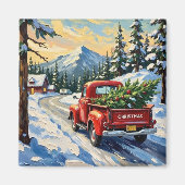 Oude rode vrachtwagen met kerstboom magneet (Voorkant)