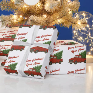 Oude rode vrachtwagen met kerstboom op maat cadeaupapier