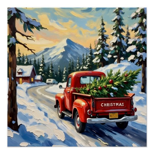 Oude rode vrachtwagen met kerstboom perfect poster (Voorkant)