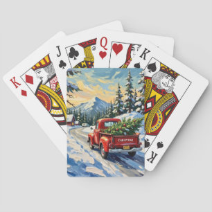 Oude rode vrachtwagen met kerstboom pokerkaarten