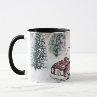 Oude rode vrachtwagen met kerstboom tekening  mok
