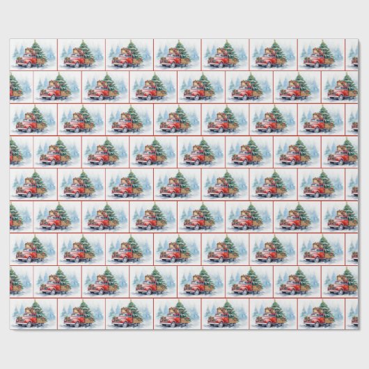 Oude Rode Vrachtwagen met Kerstmislijn Cadeaupapier (Vlak)