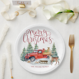 Oude rode vrachtwagen Persoonlijke kerst voor de Papieren Bordje