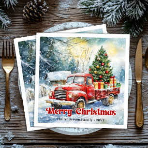 Oude rode vrachtwagen winters decor rustieke tafel servet