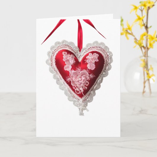 Oude rode witte kant Valentijnsdag Hart kaart (Gele Bloem)