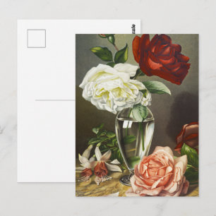 Oude rode witte roze rozen in glazen vaas Kunst Briefkaart