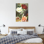 Oude rode witte roze rozen in glazen vaas Kunst Canvas Afdruk (Insitu (Slaapkamer))