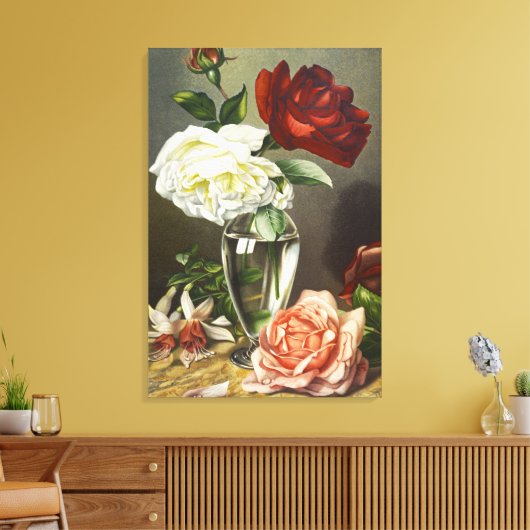 Oude rode witte roze rozen in glazen vaas Kunst Canvas Afdruk (Insitu (Woonkamer))