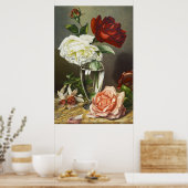 Oude rode witte roze rozen in glazen vaas Kunst Poster (Keuken)