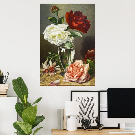Oude rode witte roze rozen in glazen vaas Kunst Poster (Thuiskantoor)