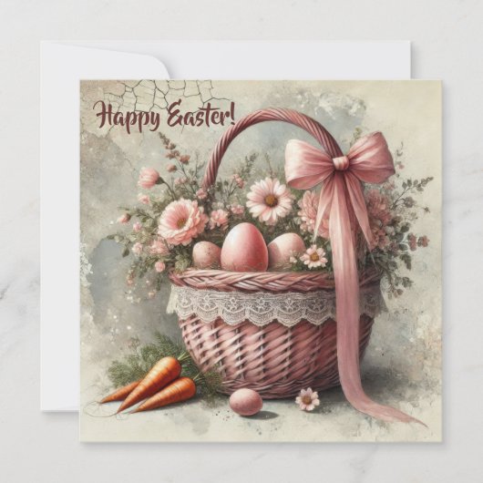 Oude roestige mand met pastelkleurige eieren en wo feestdagenkaart (Voorkant)