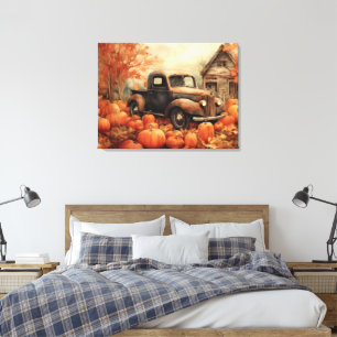 Oude roestige pick-up en pompoenen Herfst 32x24 Canvas Afdruk