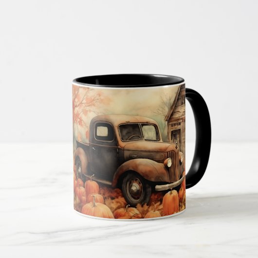 Oude roestige pick-up en pompoenen herfst mok (Voorkant rechts)
