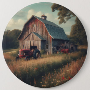 Oude roestige schuur en oude tractoren ronde button 6,0 cm