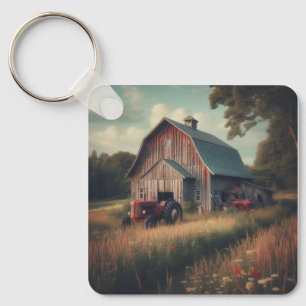Oude roestige schuur en oude tractoren sleutelhanger