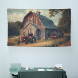 Oude roestige schuur en oude tractoren spandoek