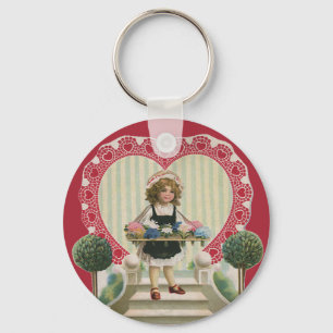 Oude romantische Valentijnsdag, Meisje met Bloemen Sleutelhanger