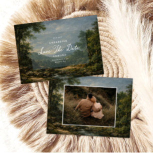 Oude romantische wandtapijt blauwe trouwfoto save the date
