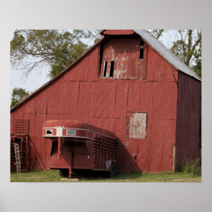 Oude Rood Barn en Rood Horse Trailer Kleur 16x20 Poster