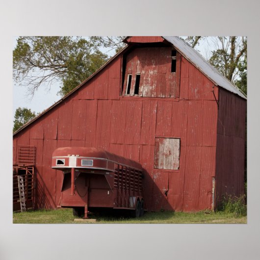Oude Rood Barn en Rood Horse Trailer Kleur 16x20 Poster (Voorkant)