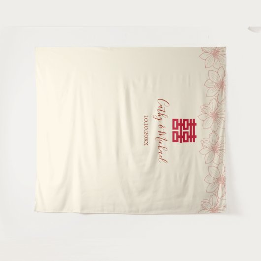 Oude rood beige bloemige Chinese trouw achtergrond Wandkleed (Voorkant (horizontaal))