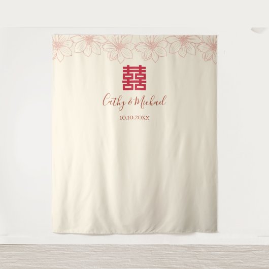 Oude rood beige bloemige Chinese trouw achtergrond Wandkleed (Voorkant)