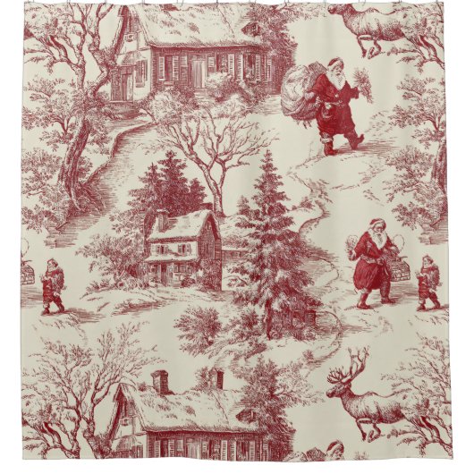 Oude Rood Damast Kerst Village - Sinterklaas Douchegordijn (Voorkant)