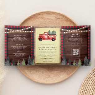 Oude Rood Kersttruck Hout QR-code Trouwen Drieluik Uitnodiging