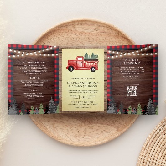 Oude Rood Kersttruck Hout QR-code Trouwen Drieluik Uitnodiging