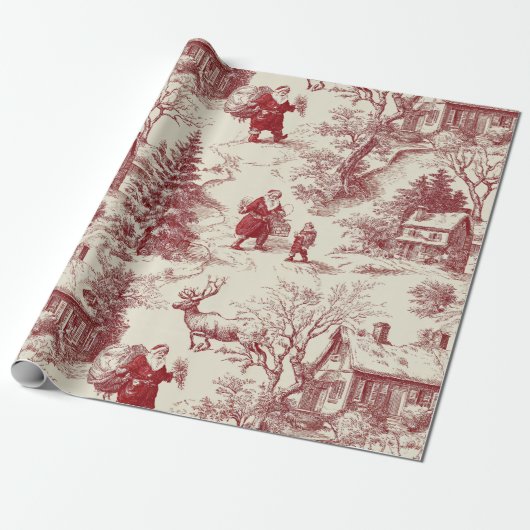 Oude Rood Toile Kerst Dorp - Sinterklaas Cadeaupapier (Uitgerold)