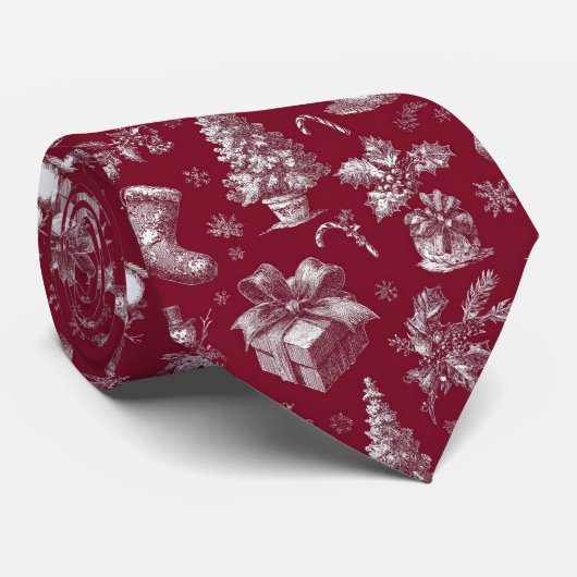 Oude Rood Toile Kerst met Kousen Stropdas (Opgerold)