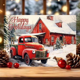 Oude Rood Truck Hond Winter Kerstmis Feestdagen Kaart