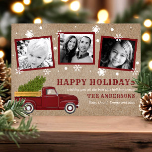 Oude Rood Truck Kerstboom Sneeuw Retro Foto Feestdagenkaart