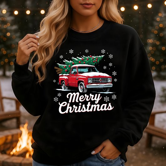 Oude Rood Truck Kerstboom Sneeuw Trui