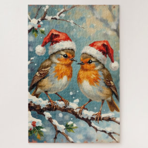 Oude Roodborstjes met Kerstmutsen op Besneeuwde Ta Legpuzzel