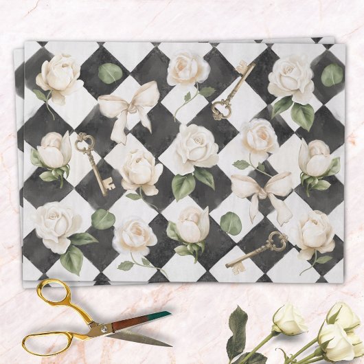 Oude Roos Bloemen Zwart Wit Diamant Patroon Tissuepapier
