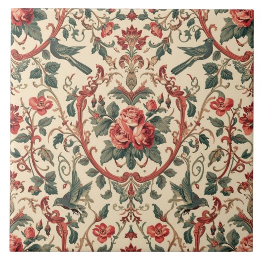Oude Roos & Vogelpatroon Romantische Art Nouveau Tegeltje (Voorkant)