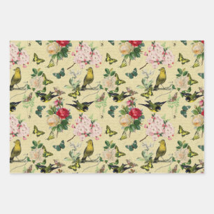 Oude Roses Vlinders & Vogels Patroon Inpakpapier Vel