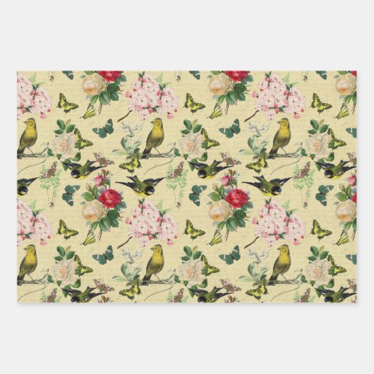Oude Roses Vlinders & Vogels Patroon Inpakpapier Vel (Voorkant)