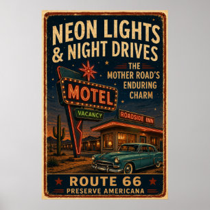 Oude Route 66 Neon Motel Nachtelijke Rit Poster